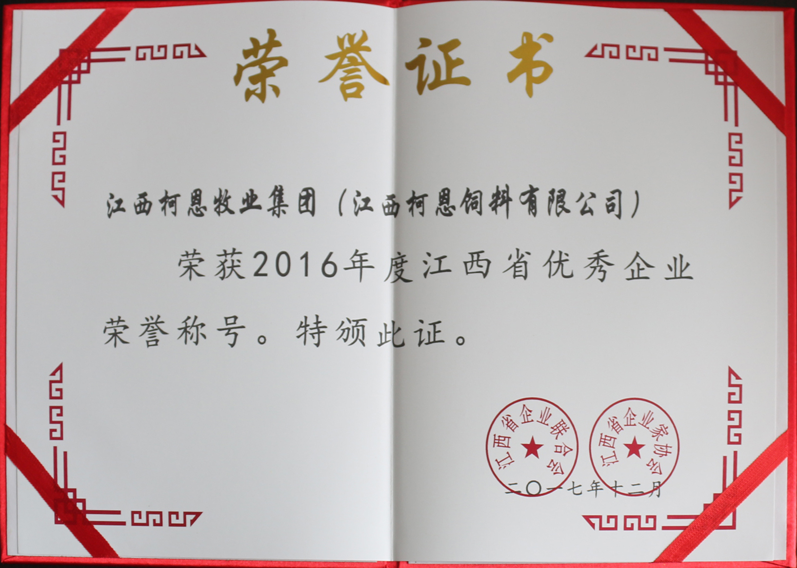2016年度江西省優(yōu)秀企業(yè)榮譽證書