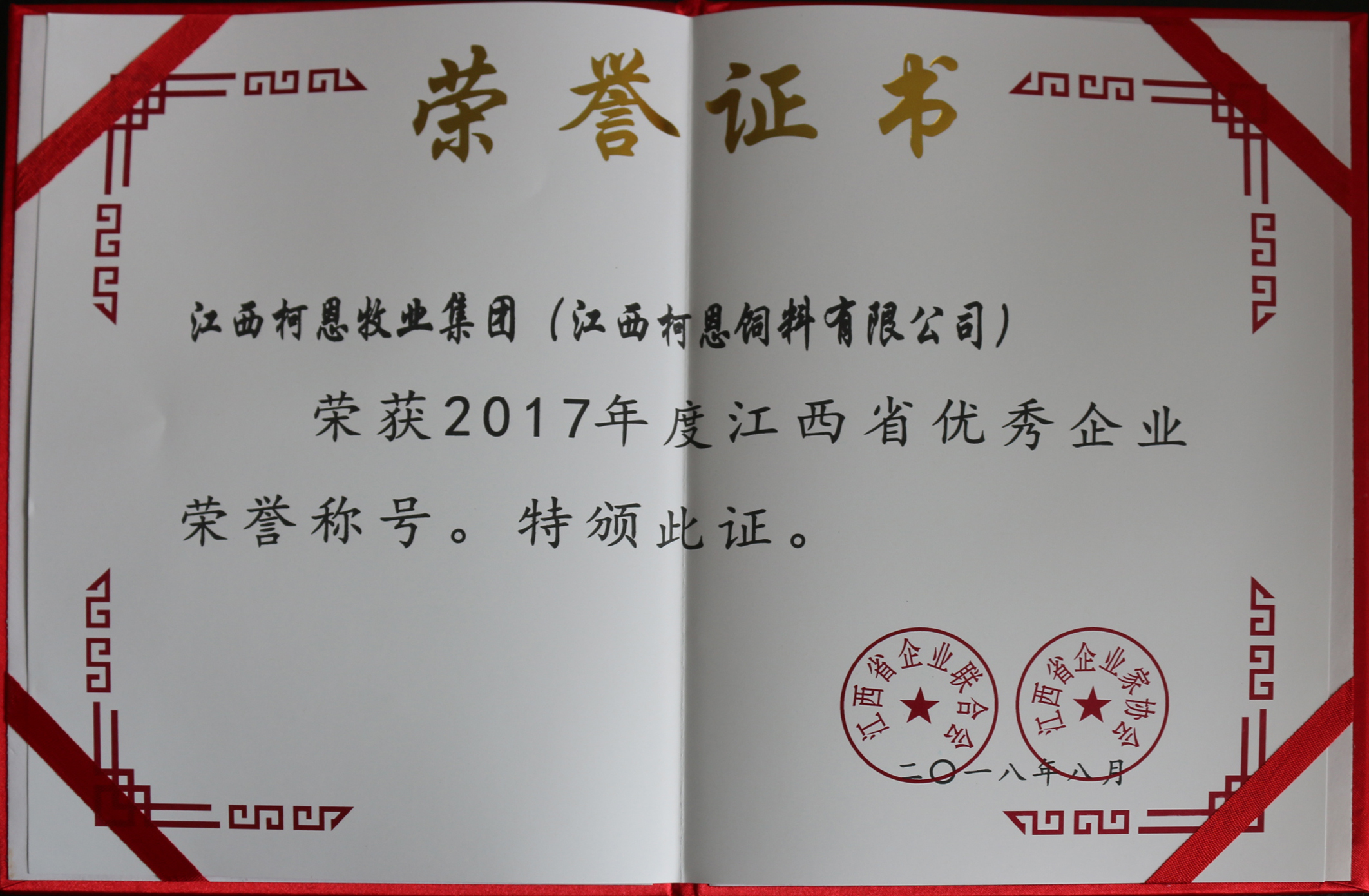 2017年度江西省優(yōu)秀企業(yè)榮譽證書